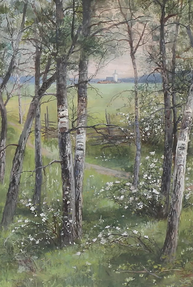 ANNA BILLING. Landskap med kyrka. Akvarell, signerad.