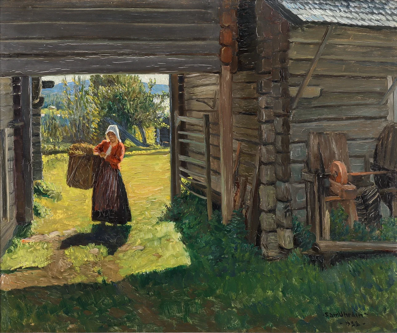 SAM UHRDIN. Gårdslandskap med kvinna - Dalarna. — Paintings — Karlstad Hammarö Auktionsverk