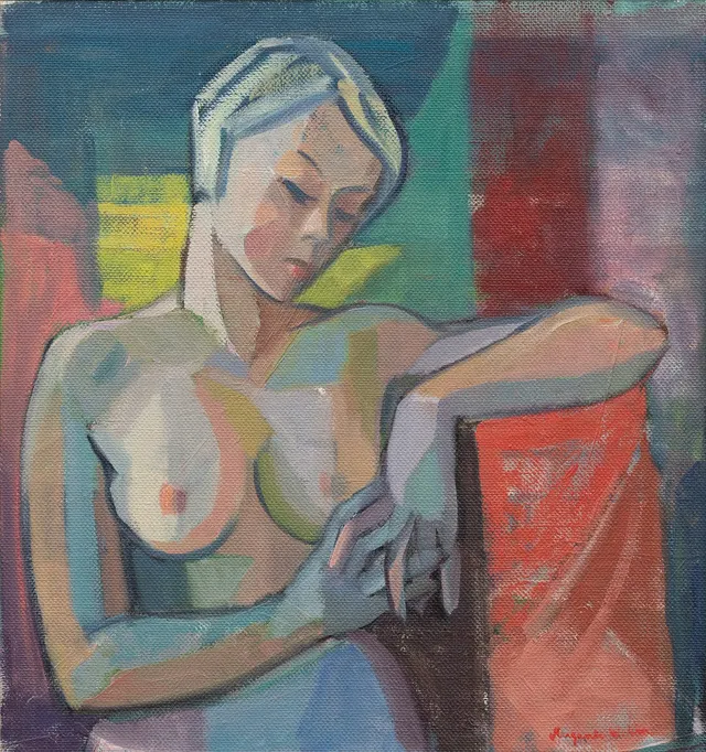 MARGARETA WALLIN (SVERIGE, 1912-1992). Sittande modell, olja på pannå, signerad.