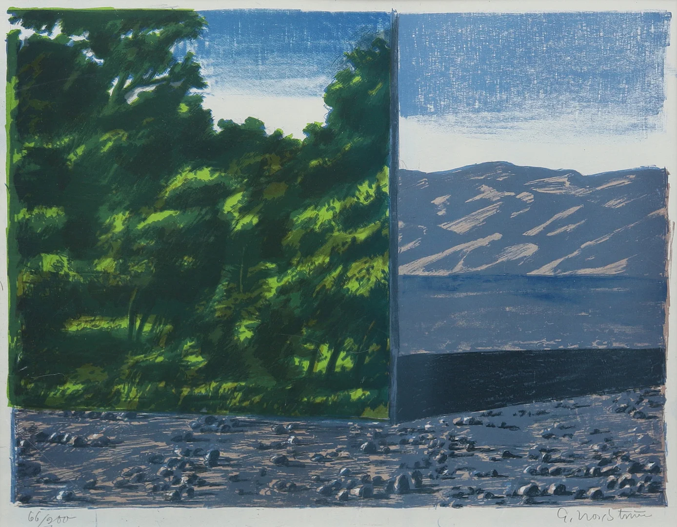 GERHARD NORDSTRÖM. Landskap, färglitografi nr 66/200, signerad. — Engravings & Prints — Garpenhus Auktioner