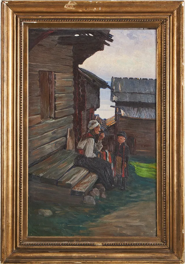 LOTTEN RÖNQUIST (1864-1912). motiv av kvinna och barn vid trapp, olja på duk, otydligt signerad och daterad 1909.
