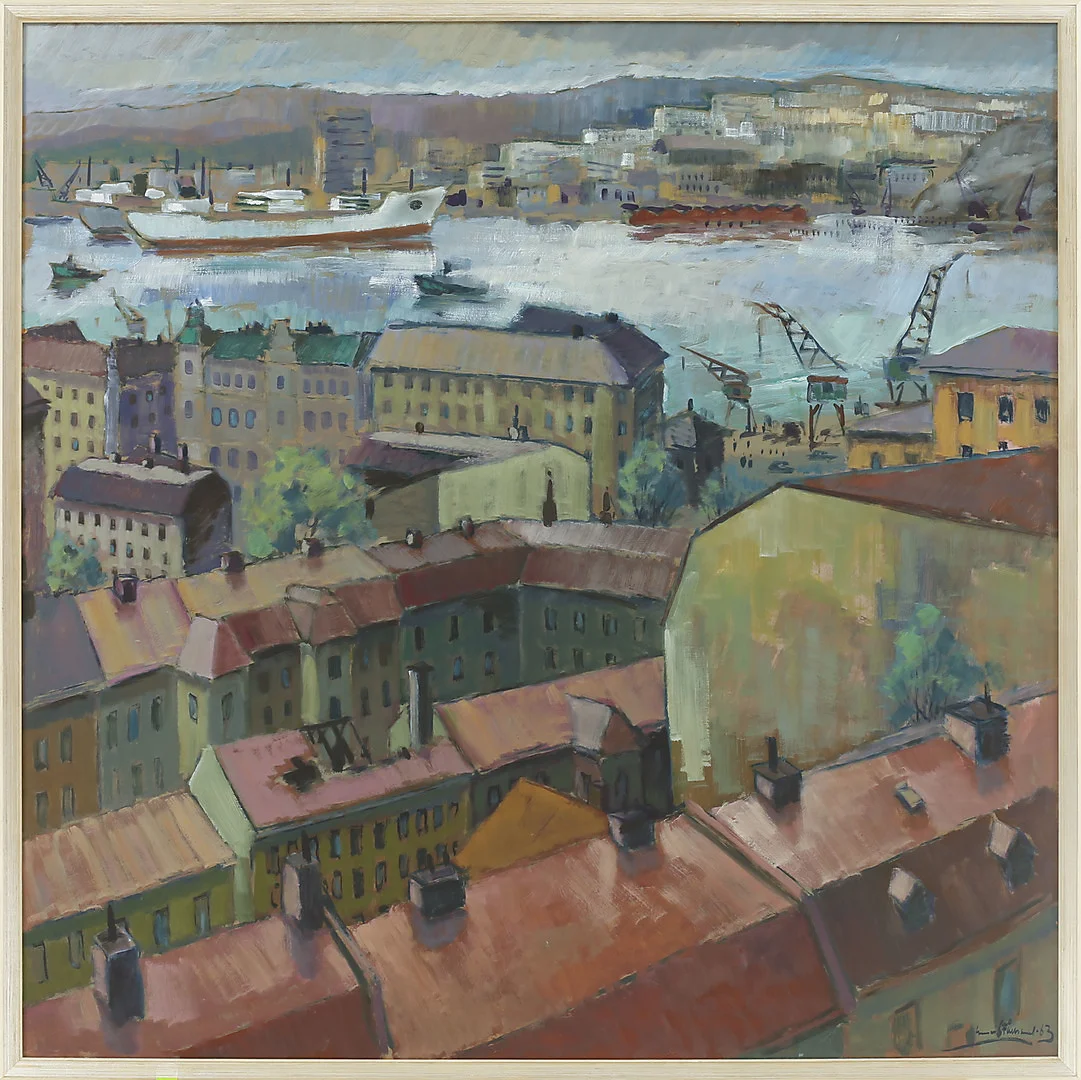 GUNNAR STÅLBRAND. Göteborgs hamn, olja på pannå, signerad och daterad 63. — Paintings — Göteborgs Auktionsverk