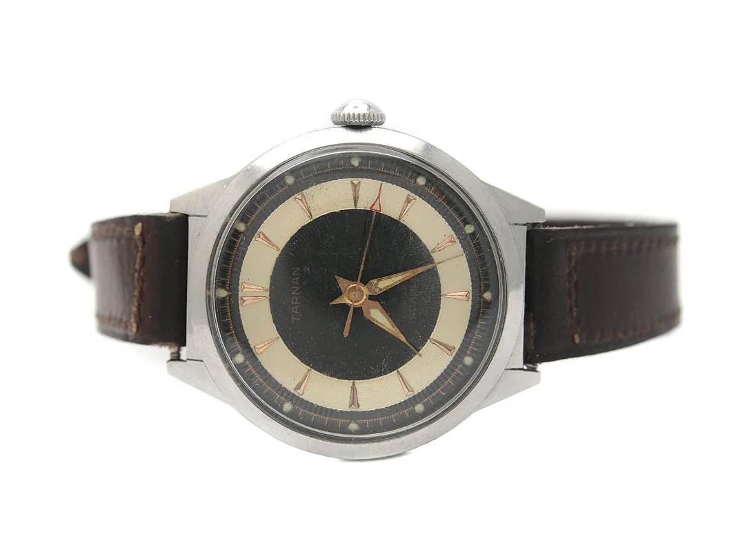 TÄRNAN, herrur, 33 mm, stål, manuell, plexiglas, skadad urtavla, läderband, ca 1950. — Klockor/Tärnan — Kaplans