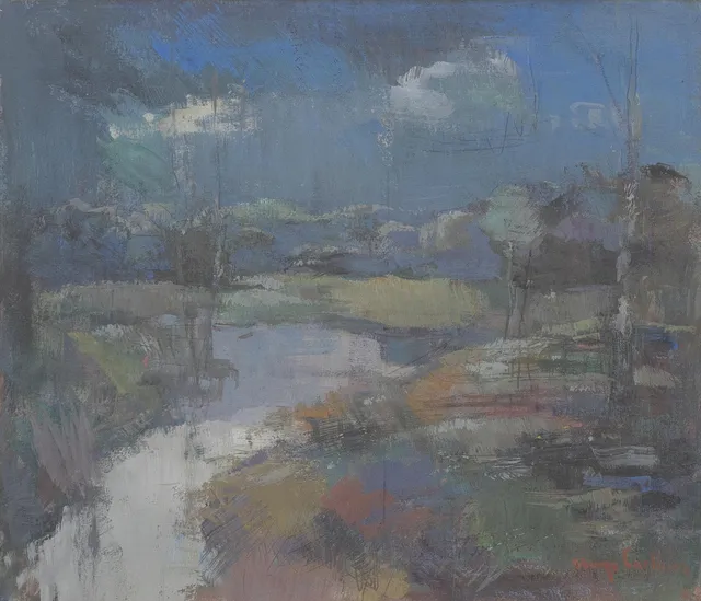 HUGO CARLBERG. "Ute på markerna, Vrigstad", gouache, signerad.