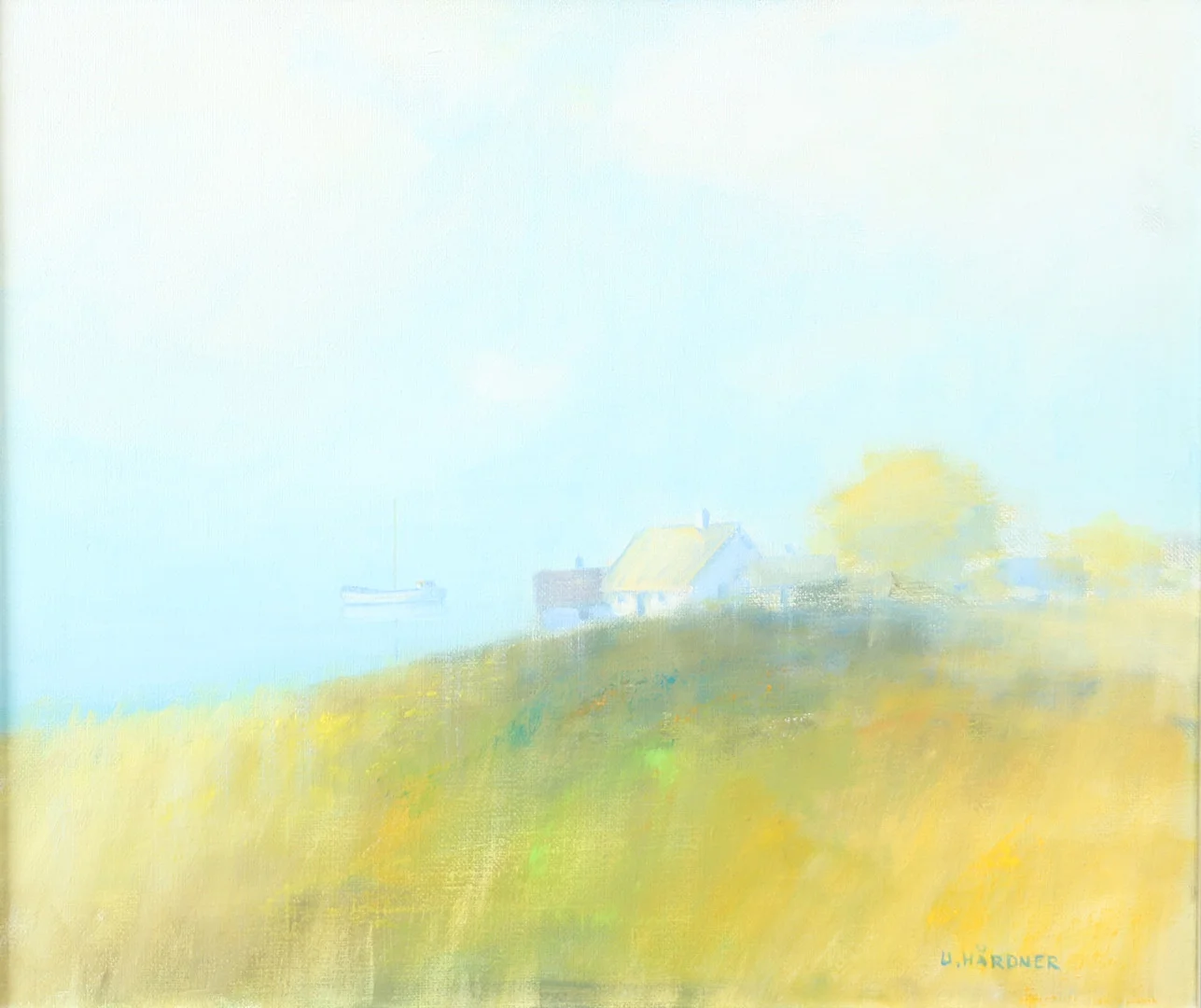 ULF HÅRDNER. Kustparti med båt och gård, olja på duk, signerad U. Hårdner. — Paintings — Helsingborgs Auktionskammare