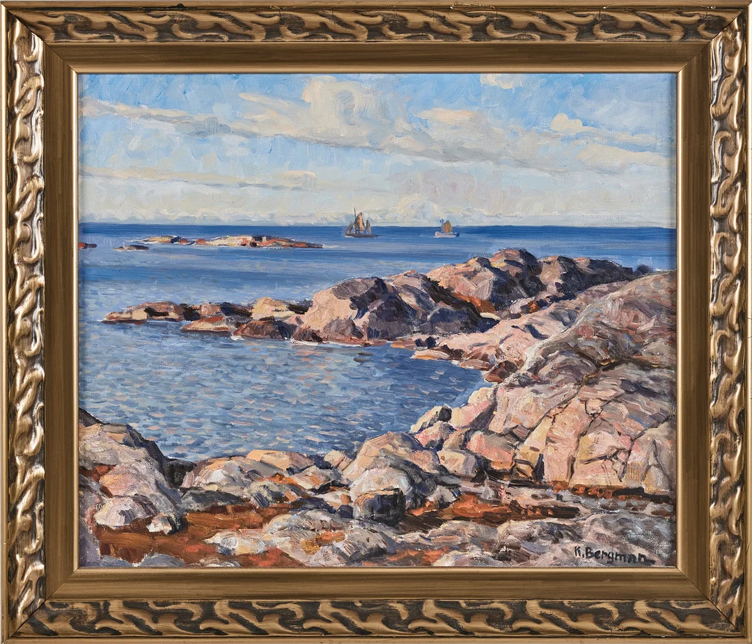 KARL BERGMAN. Solbelysta klippor, olja på duk, signerad. — Paintings — Stockholms Auktionsverk Magasin 5