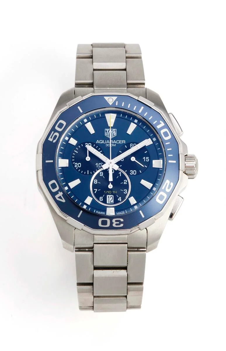 Aquaracer 300M of steel, ref. CAY111B. Quartz movement with chronograph and date indication, cal. Ronda 5040. TAG Heuer bracelet of steel with folding clasp. Circumference approximately 19 cm. Ø 43 mm. 2010s. — Clocks & watches/Wristwatches — Bruun Rasmussen