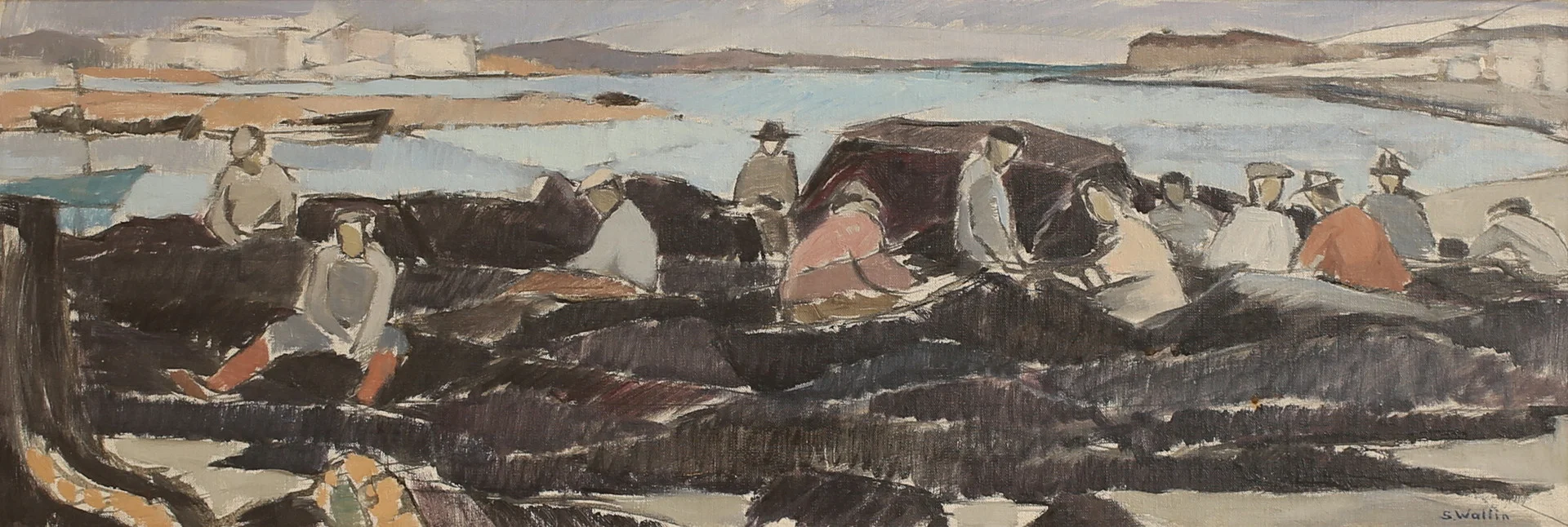 SAM WALLIN. Olja på pannå, "Fiskare lagar nät", signerad. — Paintings — RA Auktionsverket Norrköping
