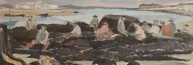SAM WALLIN. Olja på pannå, "Fiskare lagar nät", signerad.