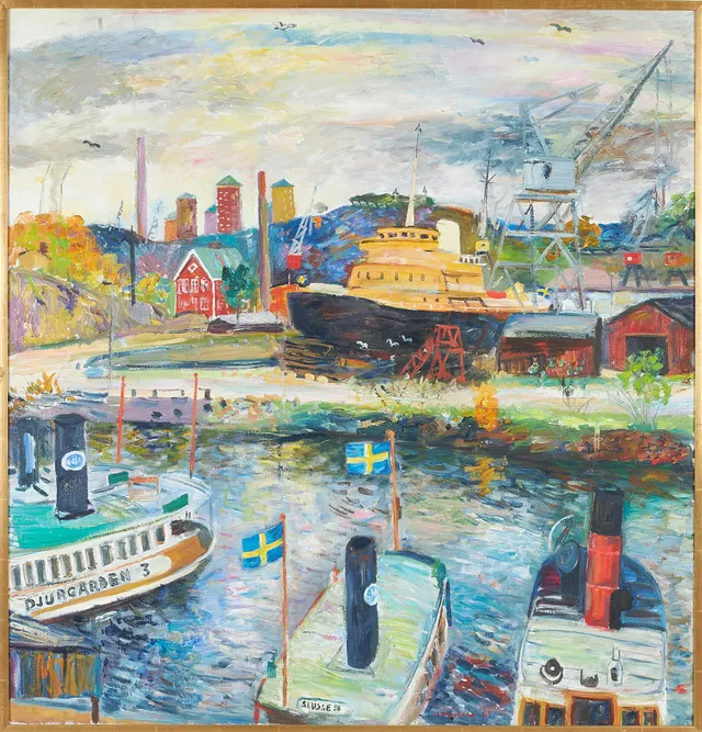 MAURICE MOBERG. Stockholmsmotiv med Slussen, olja på duk, signerad Maurice Moberg a tergo.