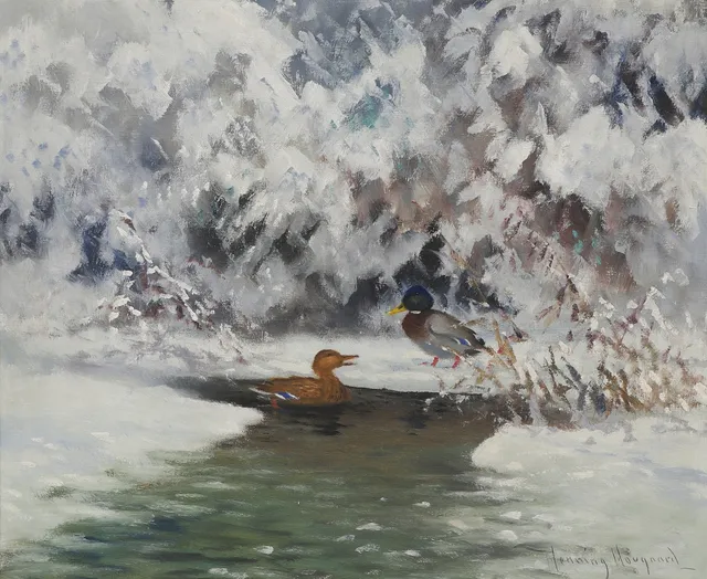 HENNING HOUGAARD. Olja på duk, vinterlandskap med gräsänder, signerad.