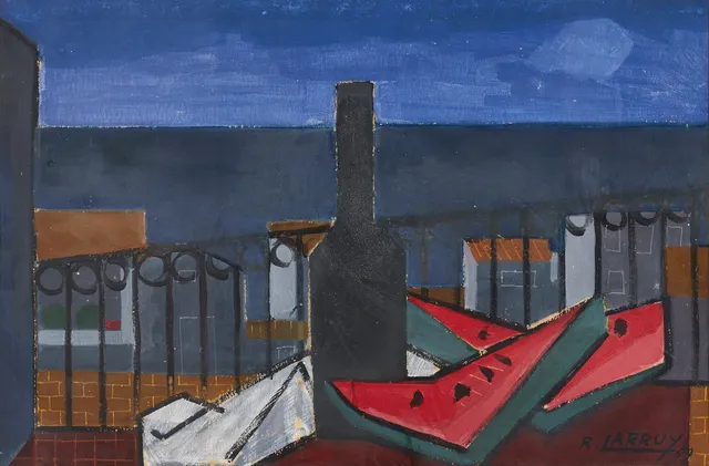 RAMÓN LARRUY (Katalonien, 1928-1997, Sverige). "Stilleben i terrassen", signerad och daterad R. Larruy -59, blandteknik på papp/kartong.