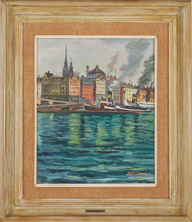 JOHN HAAVS JOHNSON. olja på duk, motiv med Gamla Stan, signerad samt daterad -47.