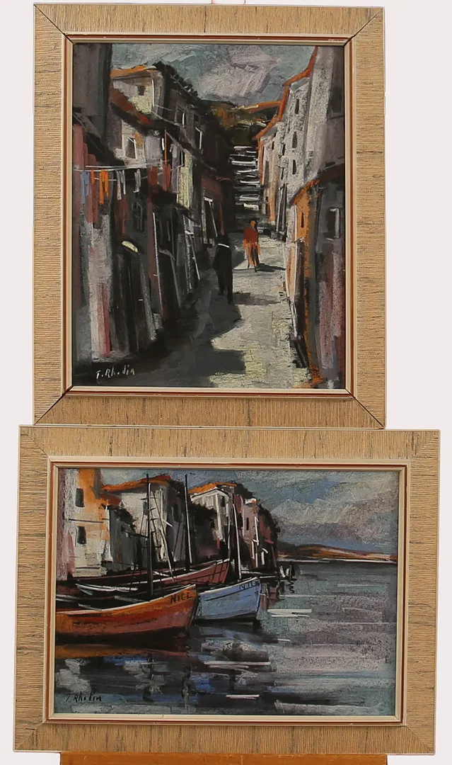 TEDDE RHODIN. Olja på pannå, stadsgränd, hamnmotiv, signerade. 2st.