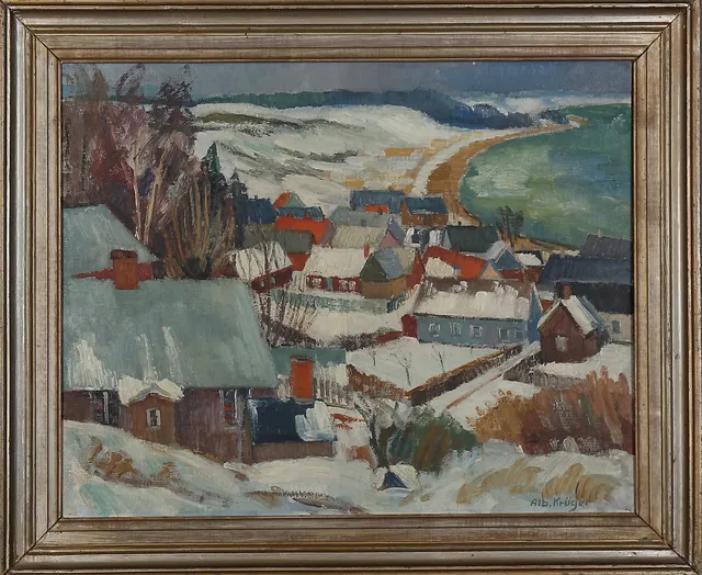 ALBERT KRÜGER. Vitemölla, olja på pannå, signerad.