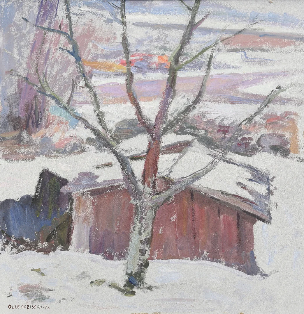 OLLE AXELSSON. "Vinter". Olja på pannå, signerad och daterad -76. — Paintings — Auktionshuset Thelin & Johansson