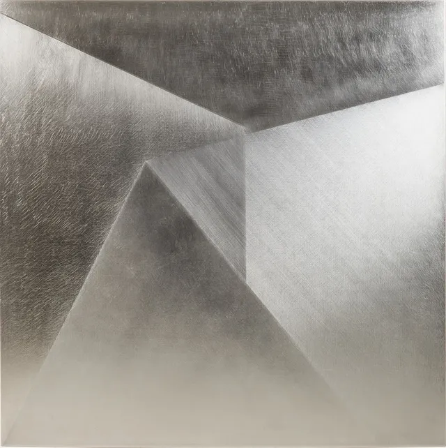 EVA SJÖBERG (F. 1951). "Fragment", borstad stål, baksida med fluorescerande färg, signerad a tergo, daterad 2003.