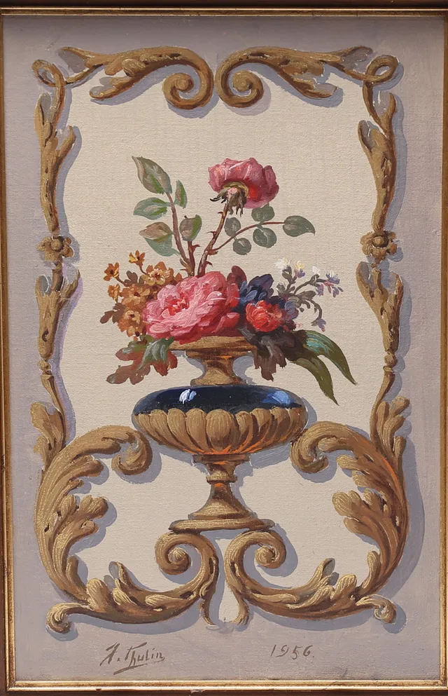 JÖNS THULIN. Väggfält/pannå, olja, blomsterstilleben, signerad och daterad 1956.