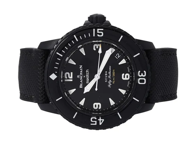 SWATCH/BLANCPAIN, Scuba Fifthy Fathoms (91m/330ft), Ocean of Storms, Ref nr. SO35B400, herrur, 42,3 mm, bioceramic, automatisk, plexiglas, datum, svart bioceramic ring, glasbaksida, NATO-band, cert, februari 2024, box, ytterkartong.