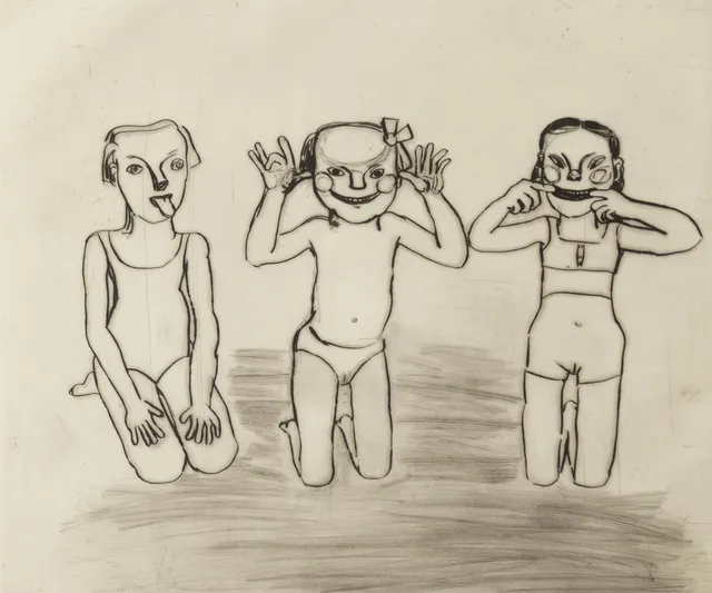 Lena Cronqvist, "Tre grimaser, tunga, öron, mun".