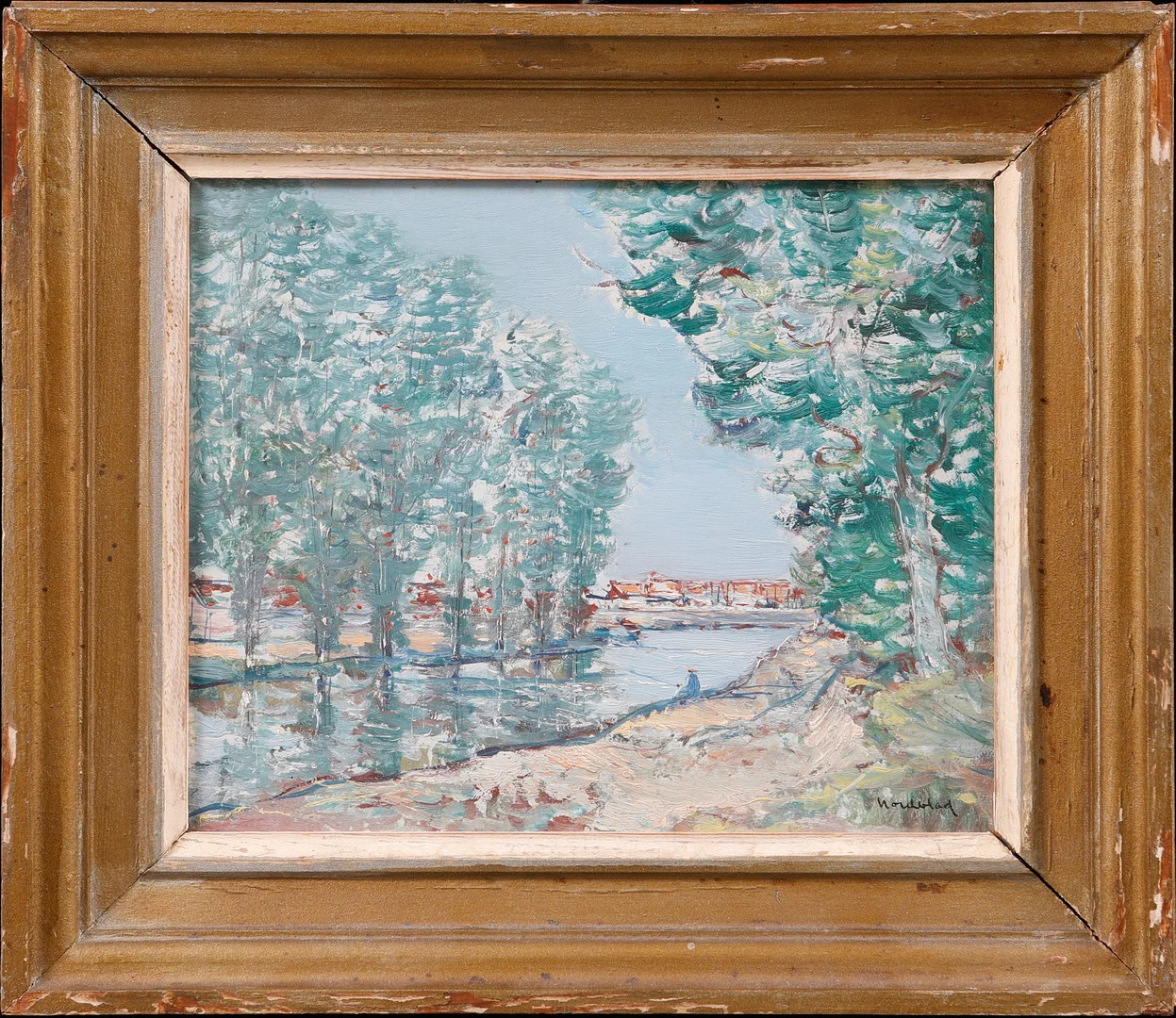 GÖSTA NORDBLAD. "Motiv från Marnekanalen", olja på pannå, signerad. — Paintings — Göteborgs Auktionsverk