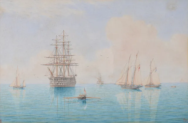 WILLIAM FREDERICK SETTLE (BRITISH 1821-1897). MAN O'WAR AT ANCHOR WITH PADDLE STEAMER BEYOND; SHIPPING IN A CALM SEA.