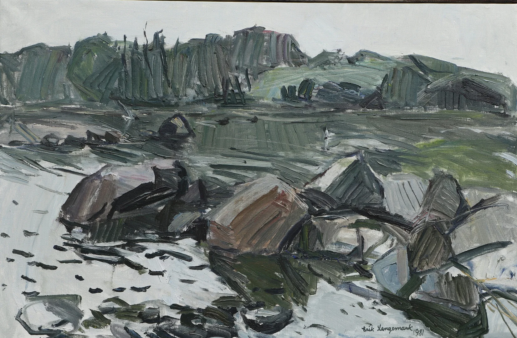 ERIK LANGEMARK. Olja på duk, kustmotiv, signerad, daterad 1981. — Paintings — Ekenbergs Auktioner