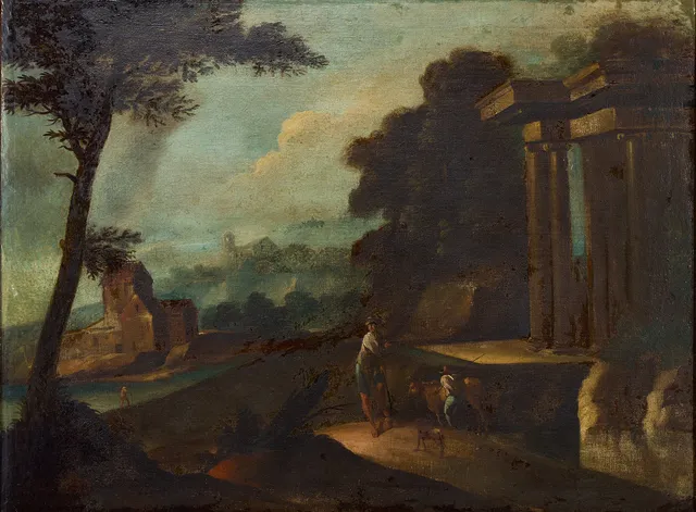 GASPARD DUGHET (1615-1675). HANS KRETS. Herdar vid tempel.