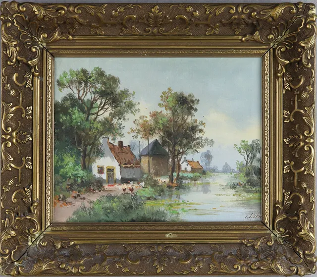 OIDENTIFIERAD KONSTNÄR. Olja på duk, hus vid vattendrag, otydlig signatur.