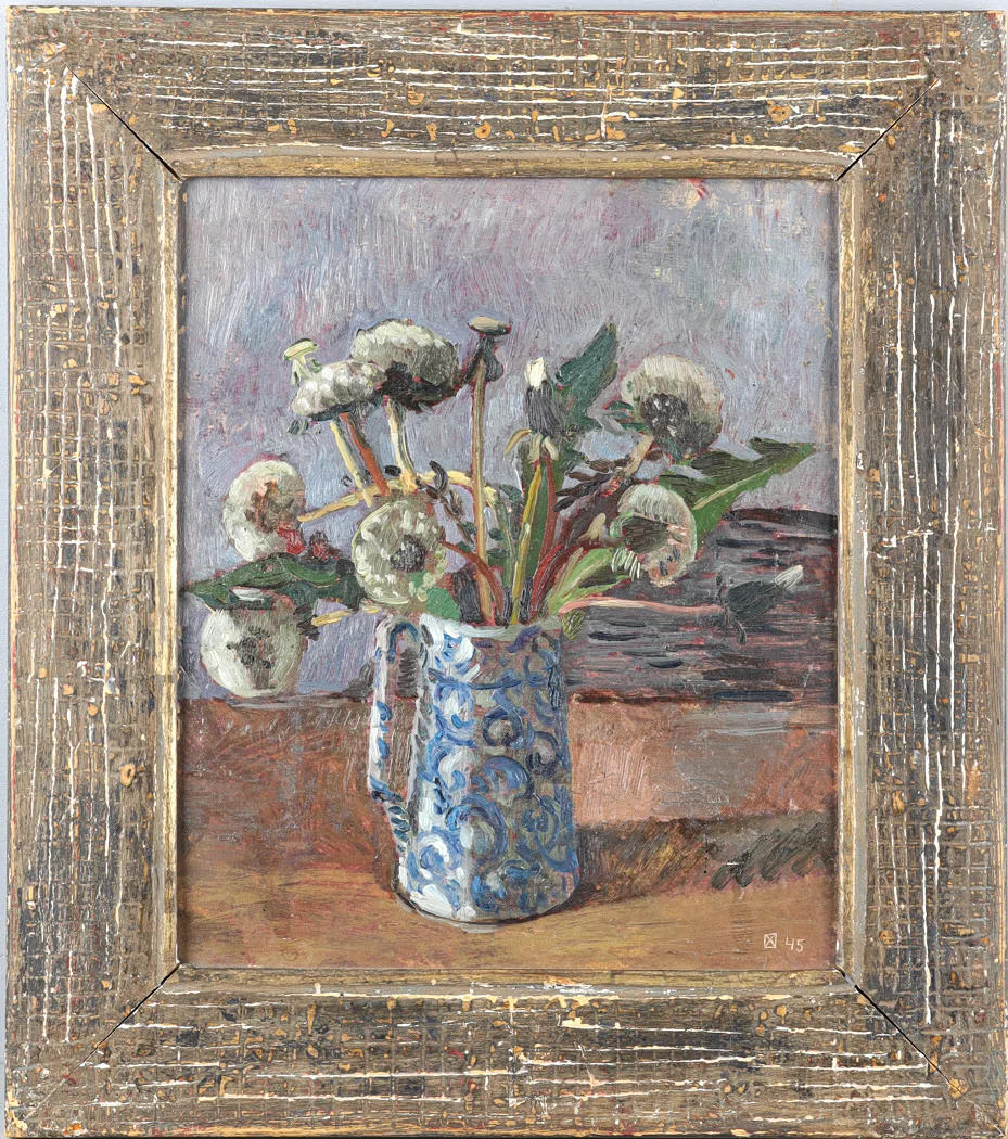 NISSE ZETTERBERG. "Maskrosbollar i blå vas", olja på pannå. — Paintings — Stockholms Auktionsverk Helsingborg