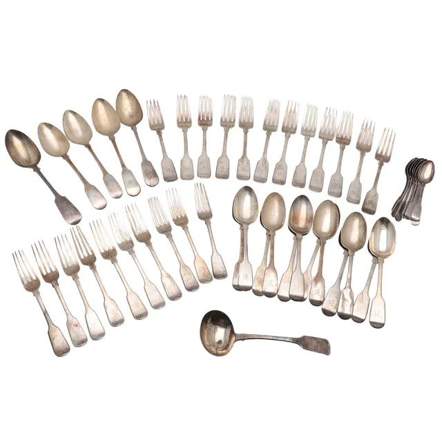 A VICTORIAN PART-CANTEEN OF FIDDLE PATTERN SILVER FLATWARE.