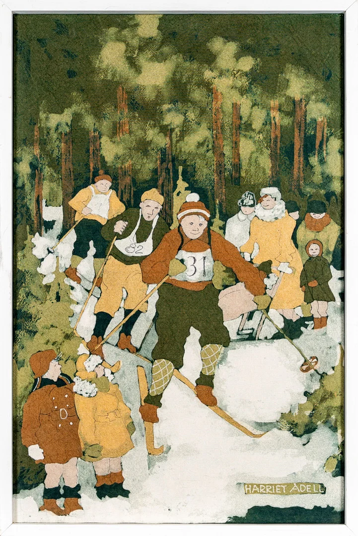 HARRIET ÅDELL. Batik på duk, Skidåkare, Signerad. — Engravings & Prints — Norrlands Auktionsverk