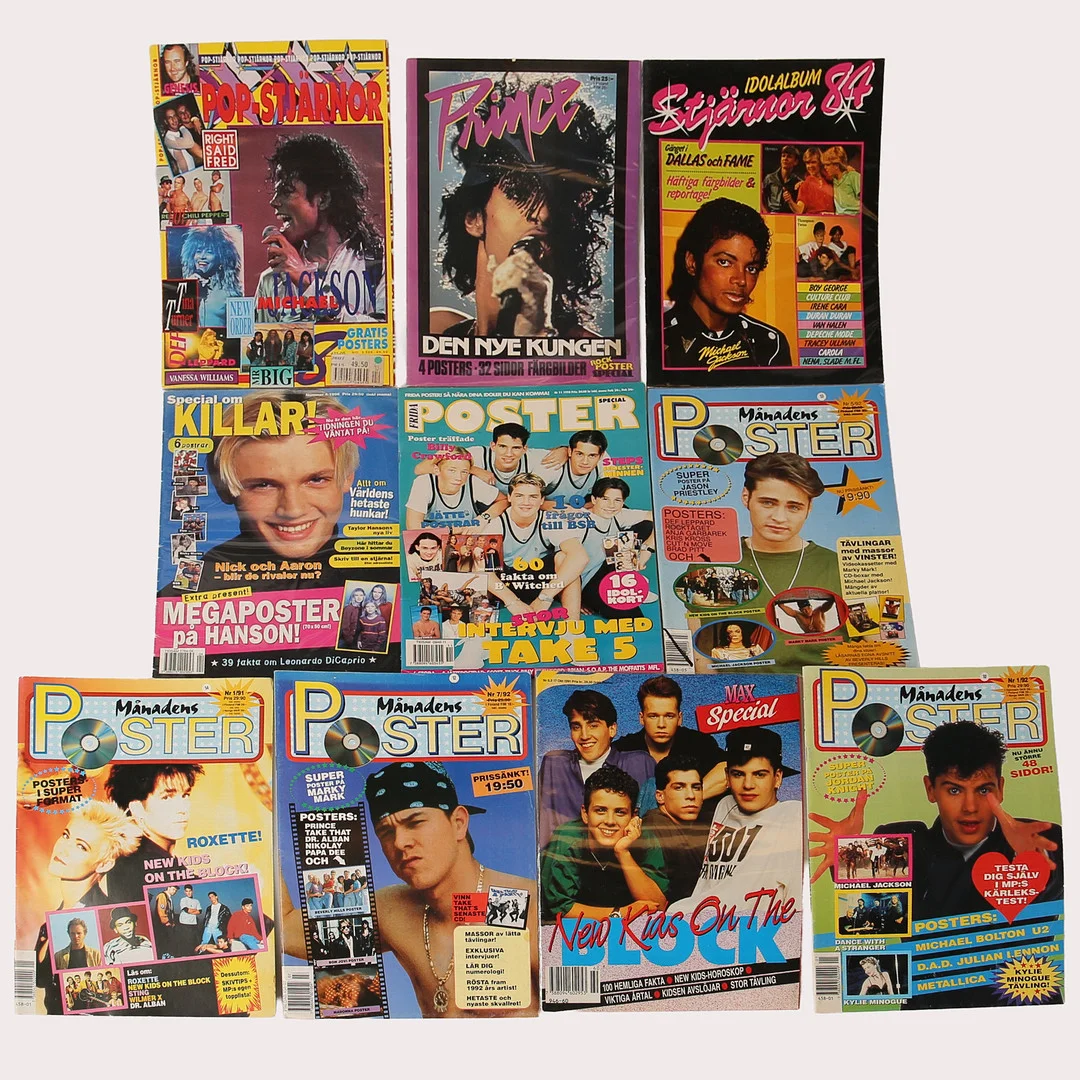 POSTERTIDNINGAR, "Månadens Poster," "Pop Stjärnor" mm 10 stycken, 1990- tal. — Music memorabilia — Limhamns Auktionsbyrå
