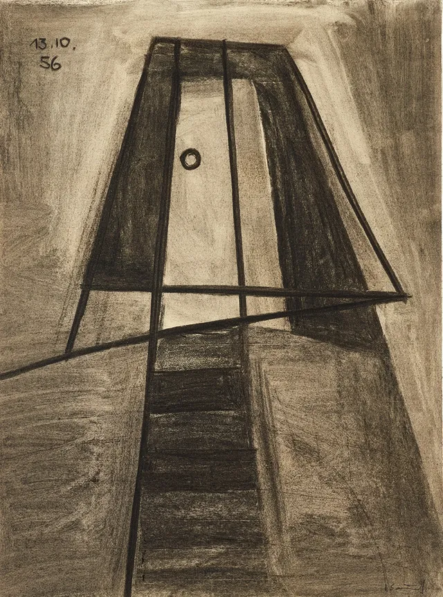 HEINZ SEVENICH (Aachen/Tyskland 1935-2023). Geometrisk komposition, signerad och daterad 13.10.56, kol på papper.