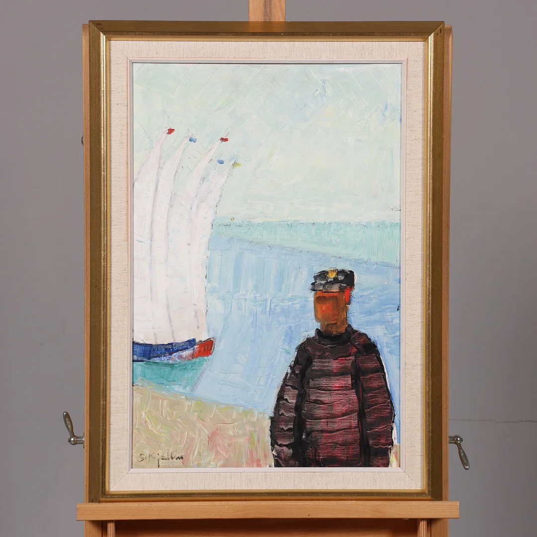 STIG KJELLIN. OLJA PÅ PANNÅ, "Skepparen och regatten", signerad. — Paintings — Borås Auktionshall