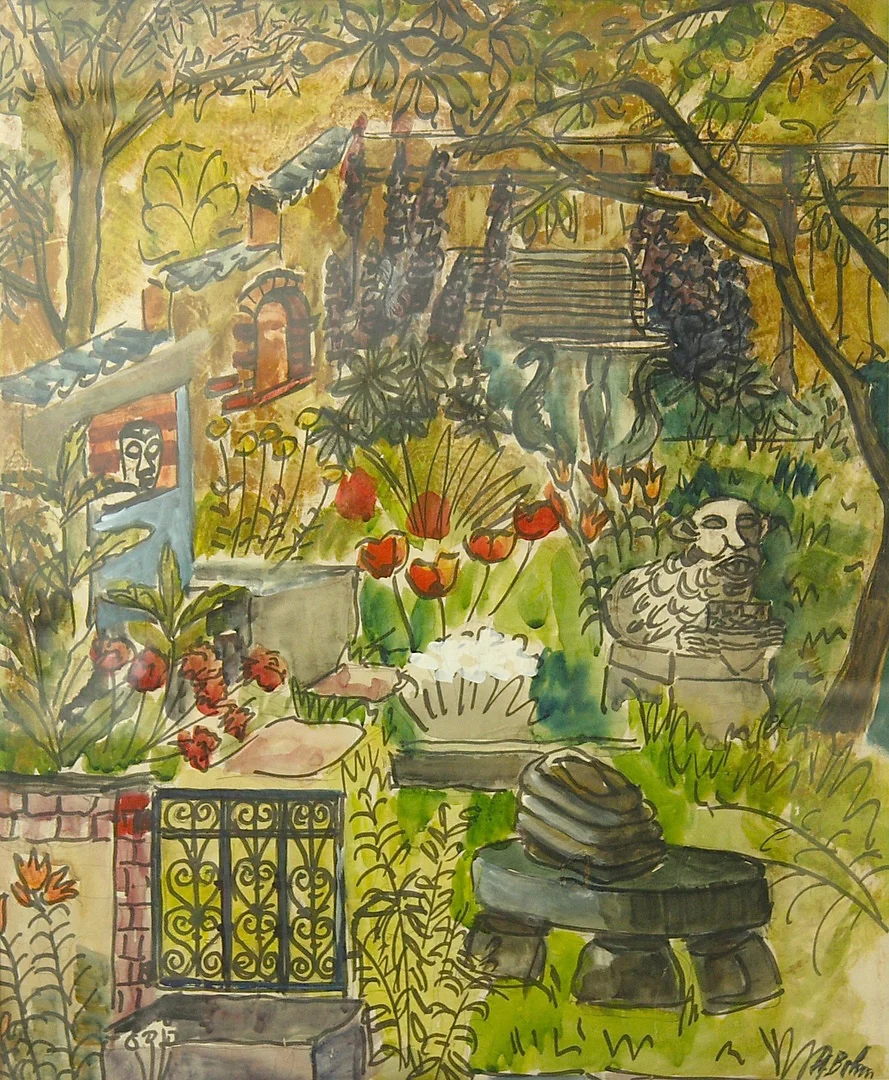 MARTHE BOHM. akvarell, "Vår trädgård", 1962. — Paintings — Hälsinglands Auktionsverk