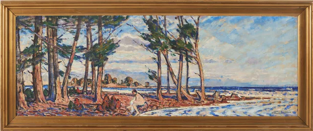 RIKARD LINDSTRÖM (1882-1943). Kustmotiv med badare, olja på duk uppklistrad på pannå.