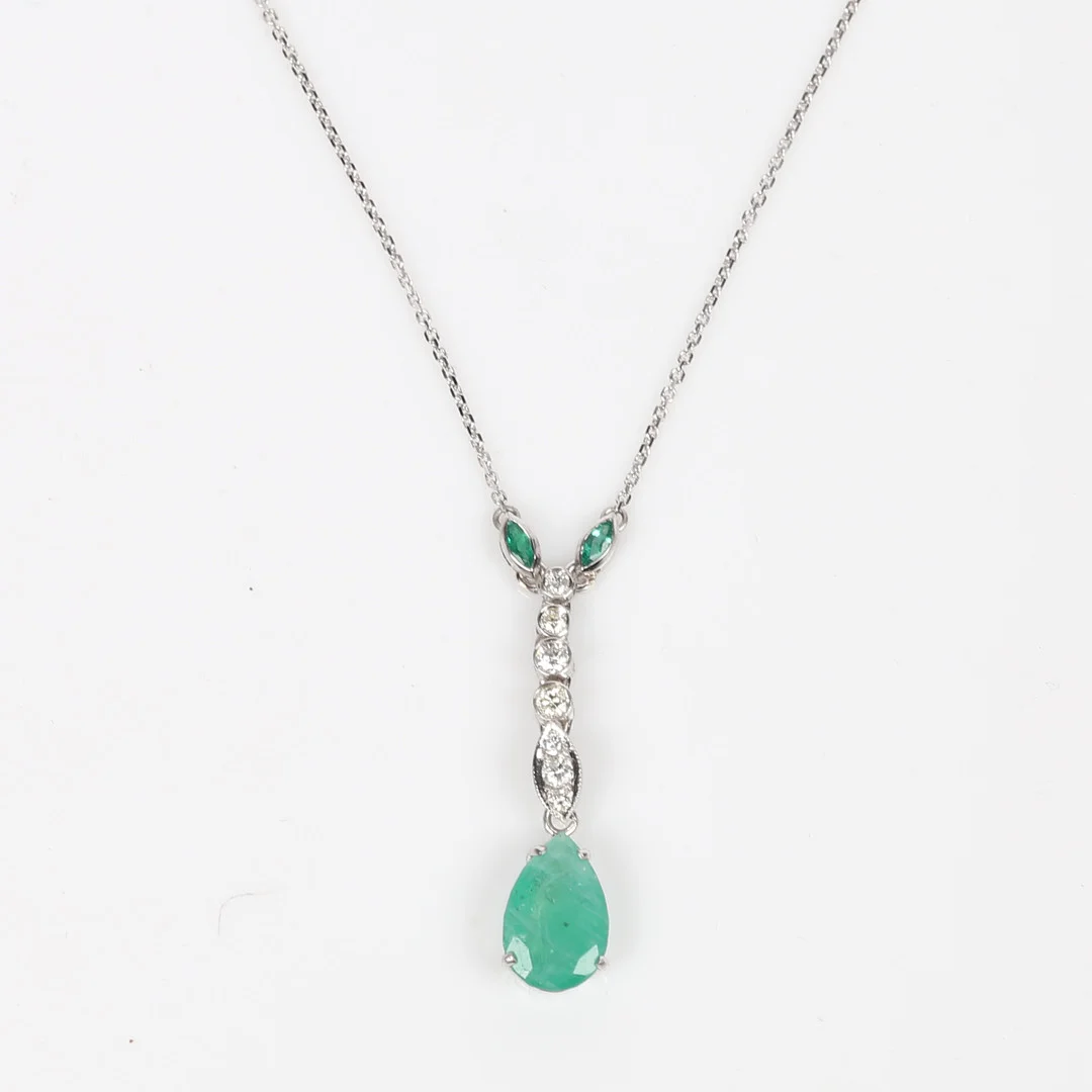 EMERALD AND DIAMOND PENDANT DROP NECKLACE. — Brooches & Pendants — Bishop & Miller