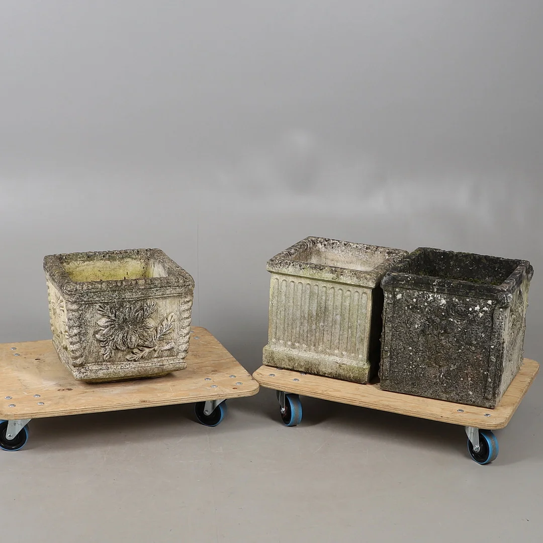 THREE RECONSTITUTED STONE SQUARE GARDEN PLANTERS. — Garden Sculptures & Urns — Lawrences Auctioneers