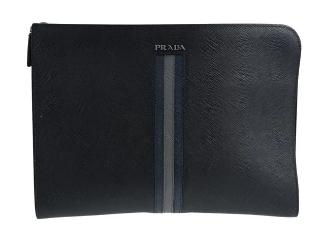DATAFODRAL, PRADA, svart saffiano läder, blå, grå rand, 33x24x2 cm, cert, bruksslitage.