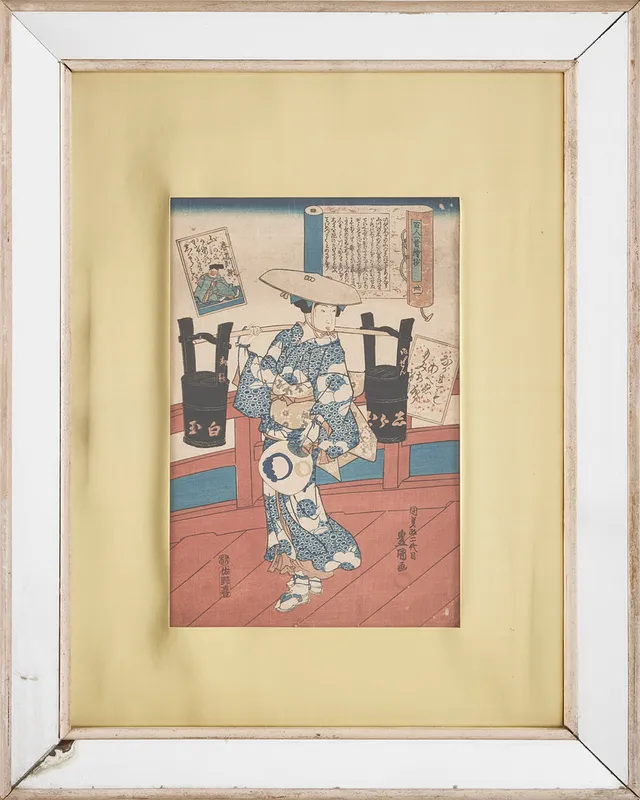 UTAGAWA KUNISADA (TOYOKUNI III, 1786-1865). "Harumichi no Tsuraki" (nr 31) ur serien "A Pictorial Commentary on One Hundred Poems by One Hundred Poets", samt 1 okänt motiv (sannolikt Kunisada).