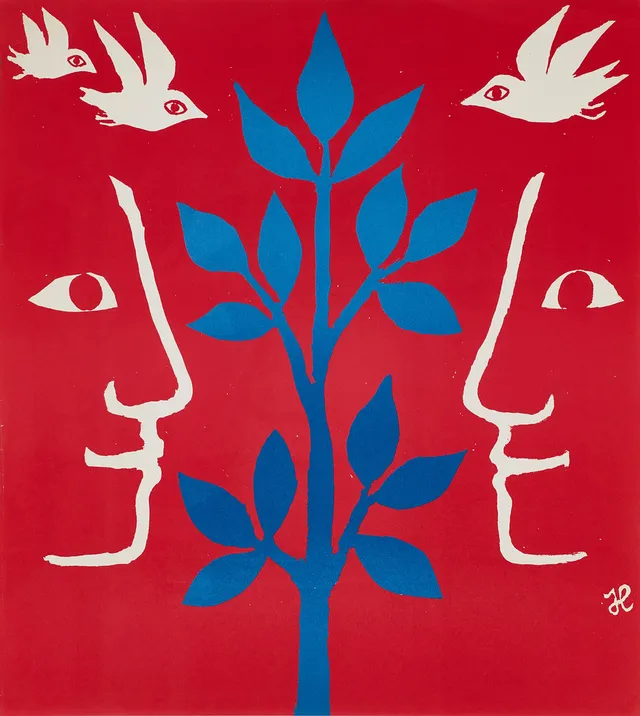 HELGA HENSCHEN (1917-2002). Figurkomposition, färglitografi.