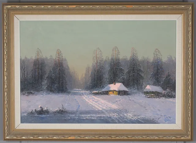 WIKTOR KORECKI. Vinterlandskap med hus, olja på duk, signerad.