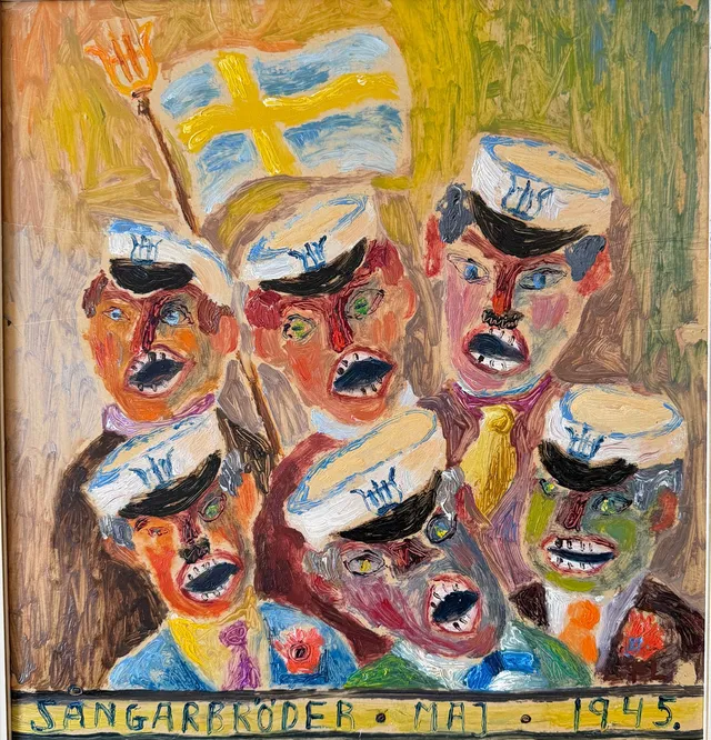 FRANS LARSSON. "Sångarbröder Maj 1945" Olja på pannå.