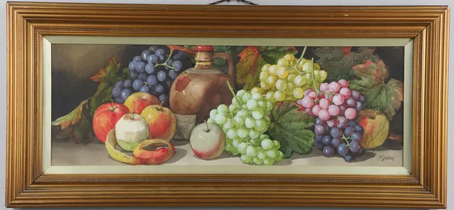 ARTHUR DUDLEY (1864-1915). STILL LIFE OF FRUITS WITH A STONEWARE EWER.