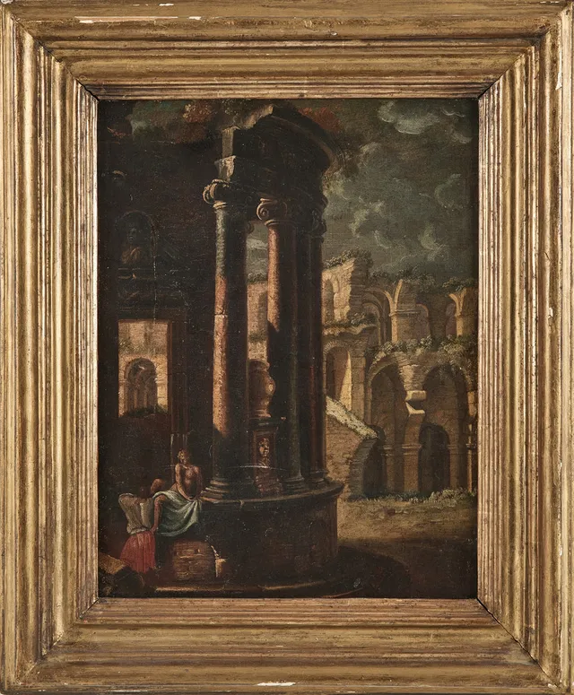 GIOVANNI PAOLO PANINI (ITALIEN 1691‑1765). EFTER. Figurer i ruinlandskap.