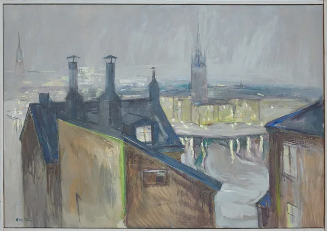 OLOF ARÉN. Motiv över Riddarholmen, olja på duk, signerad.
