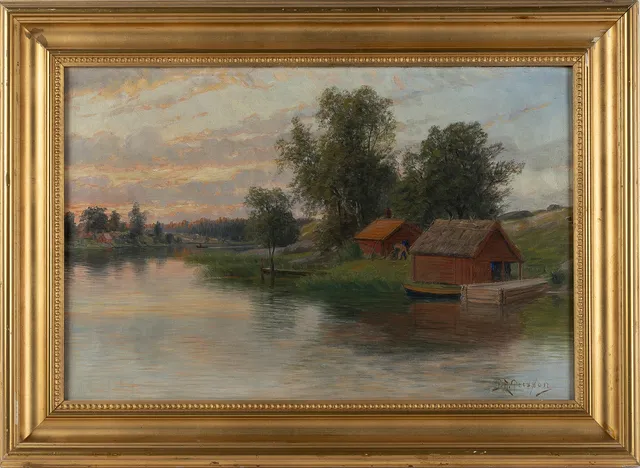 PETER ADOLF PERSSON (1862-1914). Sjölandskap med röda bodar, olja på duk.