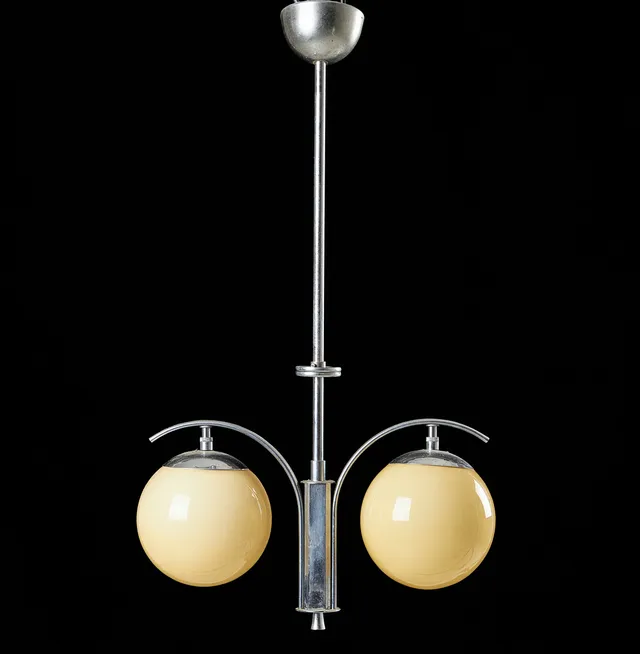 TAKLAMPA, art deco, 1930/1940-tal, förkromad stam med klotformade glasskärmar.