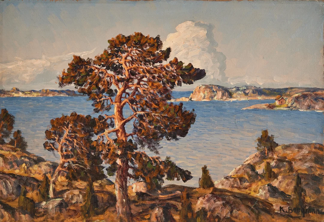 KARL BERGMAN. Olja på duk, skärgårdsmotiv med tallar, signerad K Bergman. — Paintings — Stockholms Auktionsverk Magasin 5